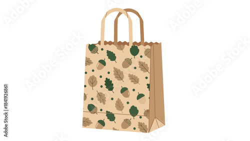 A cartoon-style shopping bag decorated with leaves, acorns, and dots. It has handles for carrying