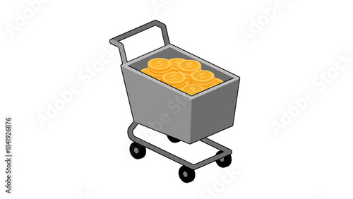 Isometric view of a shopping cart overflowing with golden coins, representing wealth and finance