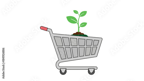 A shopping cart holds a small plant, conveying themes of sustainable consumption and growth