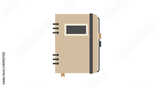A flat-design notebook illustration with a tan cover, black spine, and a bookmark on a white backdrop
