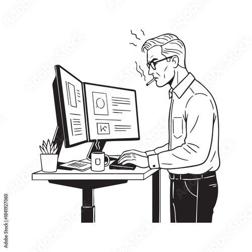 Man smoking cigarette at desk with dual monitors and coffee computer