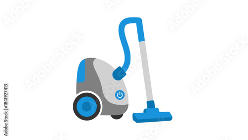 A cartoon-style illustration of a vacuum cleaner in blue, grey, and white with details