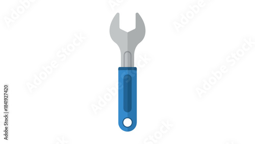 A cartoon-style wrench with a blue handle and grey head, facing upwards, on a white background