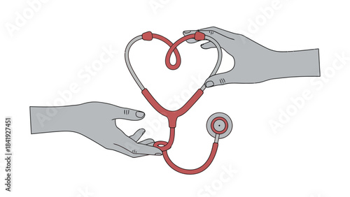 Illustration of a stethoscope shaped into a heart, held by gray hands, on a white background