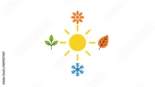A whimsical illustration with sun, leaves, flower, and snowflake, representing the seasons