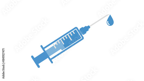 A medical illustration of a syringe with a clear liquid drop at the needle's end