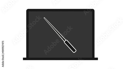 A stylized laptop with a pointer on the screen, rendered in a simple grayscale color palette