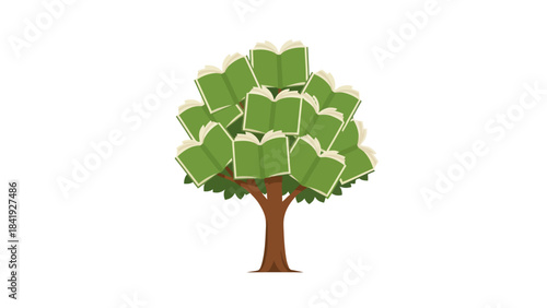 A cartoon illustration depicts a tree whose foliage is composed of open books. Its trunk is brown