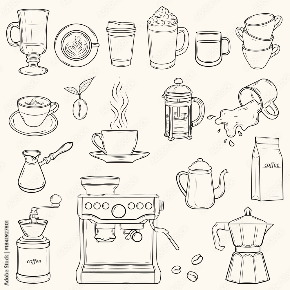 Fototapeta premium Coffee Clipart Set – Hand Drawn Line Art Coffee Machines, Cups, Beans, Drinks and Brewing Tools – Outline Illustration Collection