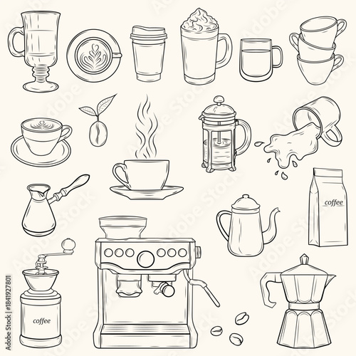 Coffee Clipart Set – Hand Drawn Line Art Coffee Machines, Cups, Beans, Drinks and Brewing Tools – Outline Illustration Collection