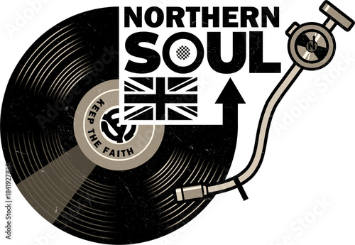 Northern Soul – Union Jack – Vinyl Record Distressed Design. Retro british music graphic, with a vintage grunge distressed effect.