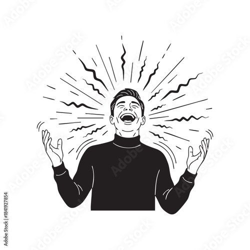 Man laughing with arms outstretched and radiating lines happiness celebration