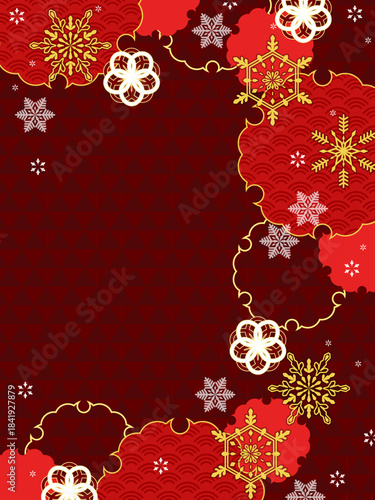 和風の華やかな年賀用素材、縦型のテンプレート、赤色と金色が華やか