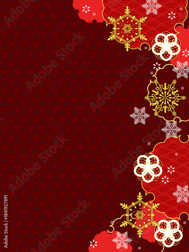 和風の華やかな年賀用素材、縦型のテンプレート、赤色と金色が華やか