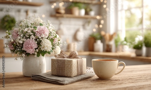 Cozy kitchen arrangement with flowers, gift, and warm cup of coffee