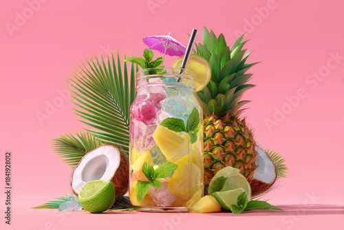 Refreshing Tropical Drink with Fruits, Ice, and Umbrella on Pink Background