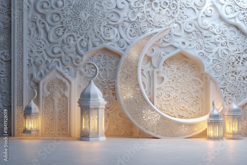 Elegant White Islamic Background with Lanterns and Crescent Moon Decoration