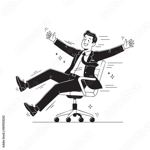 Man in suit spinning in office chair with arms outstretched businessman
