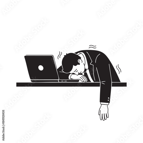 Man in suit asleep at desk with laptop sleeping