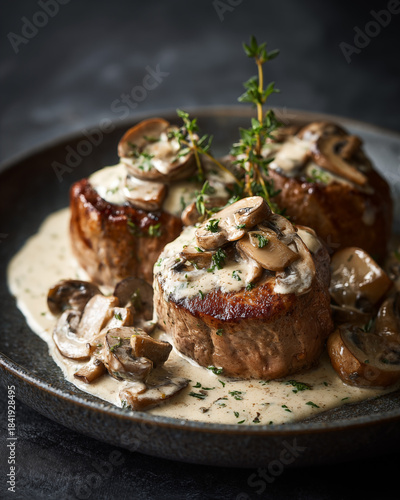 Pork tenderloin medallions with mushroom cream sauce, modern ceramic plate, moody light