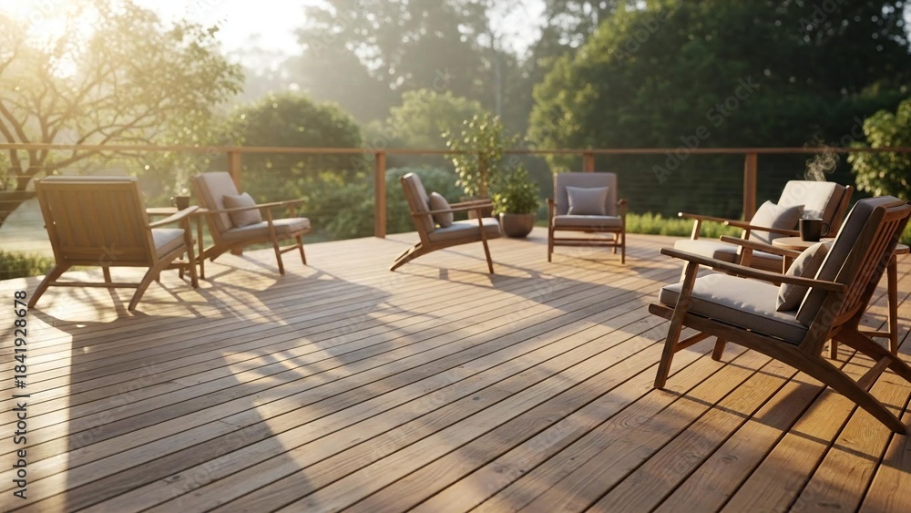 Obraz premium Warm sunlight illuminates an empty residential deck with stylish wooden chairs outdoors