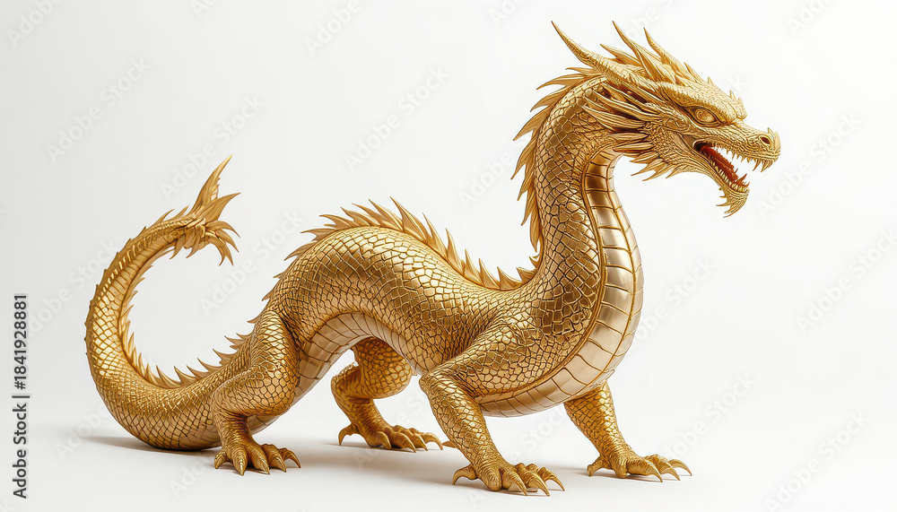 Fototapeta premium Golden dragon sculpture isolated on clean white background, detailed mythical creature design with textured scales and elegant form for creative fantasy art projects 