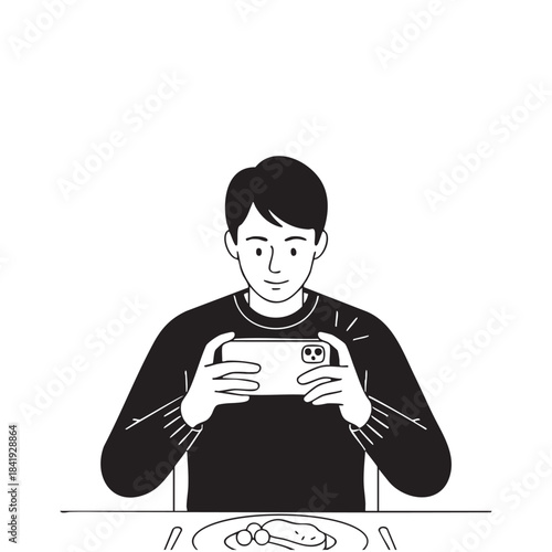 Man holding smartphone taking picture of food on plate camera