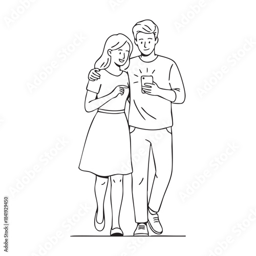 Couple walking together looking at smartphone screen woman