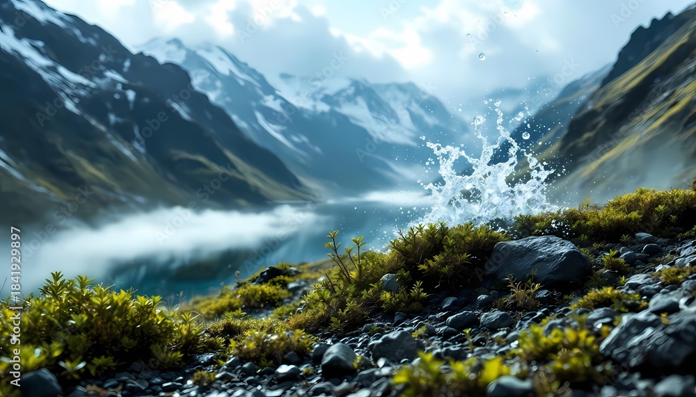 Obraz premium Scenic mountain landscape with splashing water lake and mossy rocks in nature