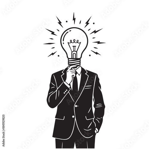 Black and white illustration of man with lightbulb head and radiating lines idea