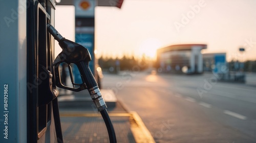 Fuel pump at a deserted gas station during sunset, showcasing a peaceful evening atmosphere and the quiet end to a busy day