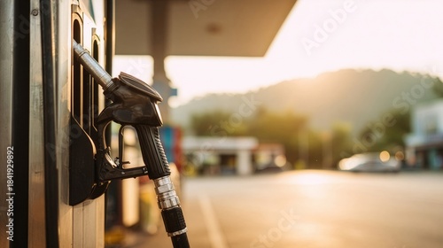 Fuel dispensing at a gas station during sunset with a scenic background and clear sky