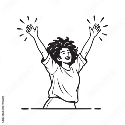 Woman with curly hair raising hands in celebration with radiating lines happiness