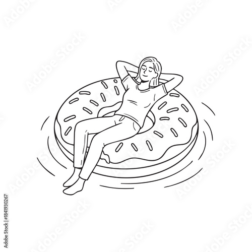 Woman relaxing on a donut float in water line art floating