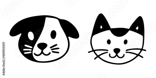 Hand drawn pet face icons set in outline doodle style. Vector collection of dog and cat illustrations. 