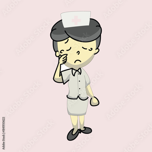 Sad nurse crying and wiping tears, feeling stressed or bad news concept