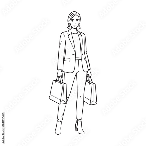 Woman in suit holding shopping bags line drawing vector