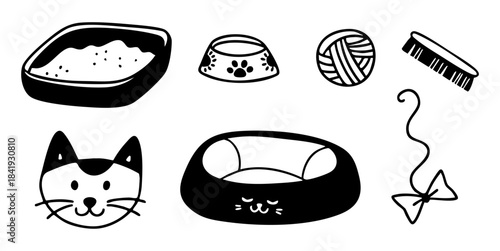 Hand drawn cat accessories set in outline doodle style. Vector collection of pet care illustrations. 