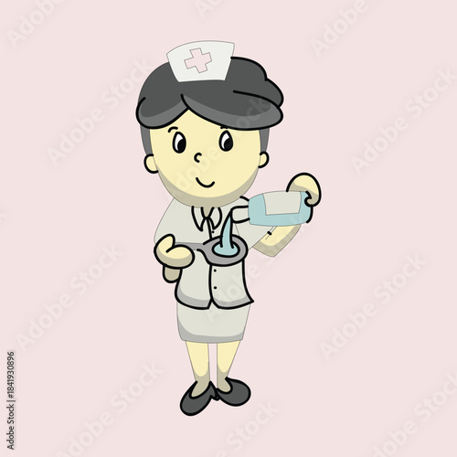 Nurse pouring liquid medicine from a bottle, preparing treatment concept