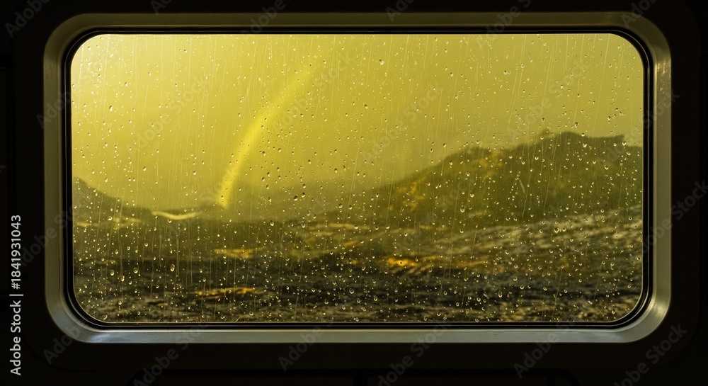 Fototapeta premium A dramatic view of a stormy ocean with a faint rainbow and distant mountains seen through a rain-streaked window, featuring dark waves and a yellow-green sky.
