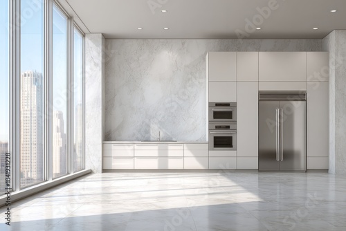 Wallpaper Mural Modern white kitchen with stainless steel appliances and large windows. Torontodigital.ca
