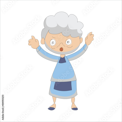 Shocked elderly woman raising both hands in surprise or panic