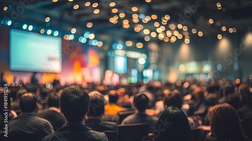 Blurred background people join seminar business event in auditorium hall convention.  Presentation meeting at conference room present screen business. Blurred background with copy space. High quality