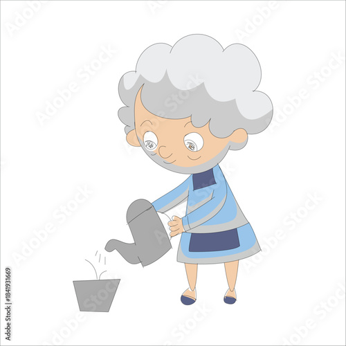 Elderly woman watering a potted plant with a watering can, gardening concept