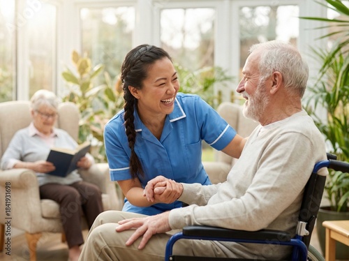 Friendly nurse laughing with a senior resident in a wheelchair at the care home.