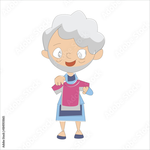 Elderly woman holding a pink shirt, doing laundry or housekeeping concept