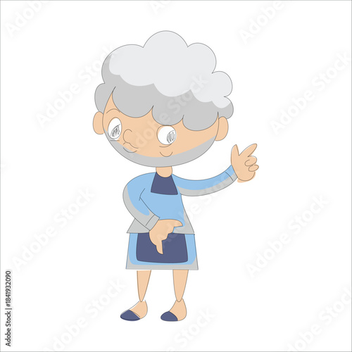Cute elderly woman pointing finger down, presenting or showing something below
