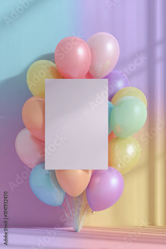 Colorful balloons surround a blank poster in a festive setting