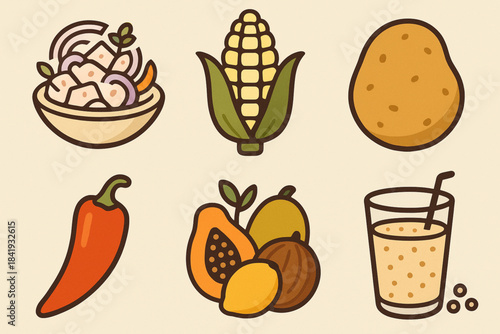 Cartoon illustration of Peruvian food ingredients including salad, corn, potato, chili, fruits, and smoothie