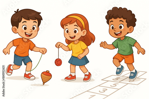 Colorful cartoon illustration of children playing traditional outdoor games with toys